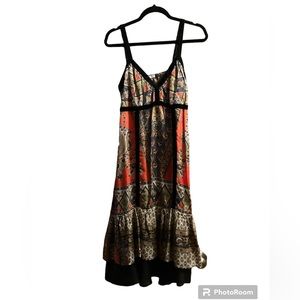 Women’s Vintage Multicolor Dress with Spaghetti Straps. 100% Silk w/Velvet Trim.